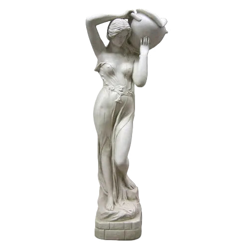 Classical Greek-style female statue holding an urn, featuring flowing drapery and ornate sculptural details.