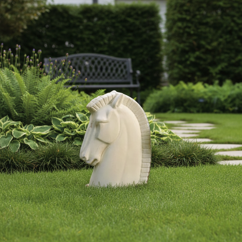 Horse head sculpture with classical Greek style, featuring detailed mane and strong, elegant lines in an old world European design. Side Angle