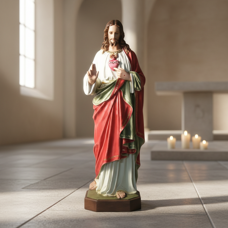 Sacred Heart of Jesus statue in classical Renaissance style, featuring ornate robes and detailed facial expression, standing on a pedestal. Side View
