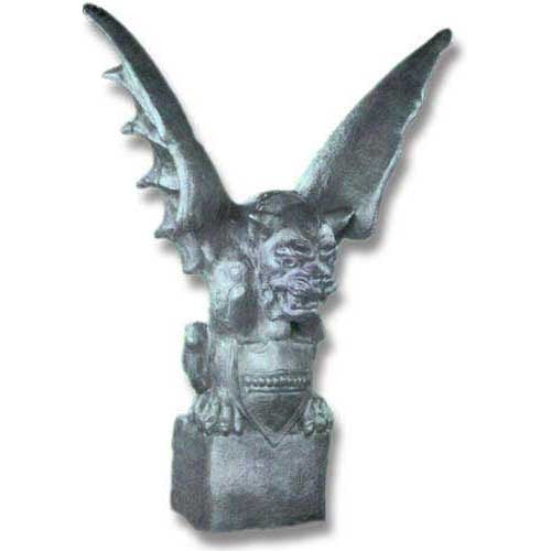 Gothic gargoyle statue with outstretched wings, fierce expression, and ornate medieval detailing on a pedestal base.