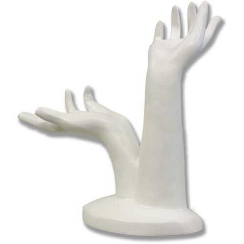 Sculptural display of two outstretched hands in a classical, minimalist style with smooth, flowing lines and elegant form.