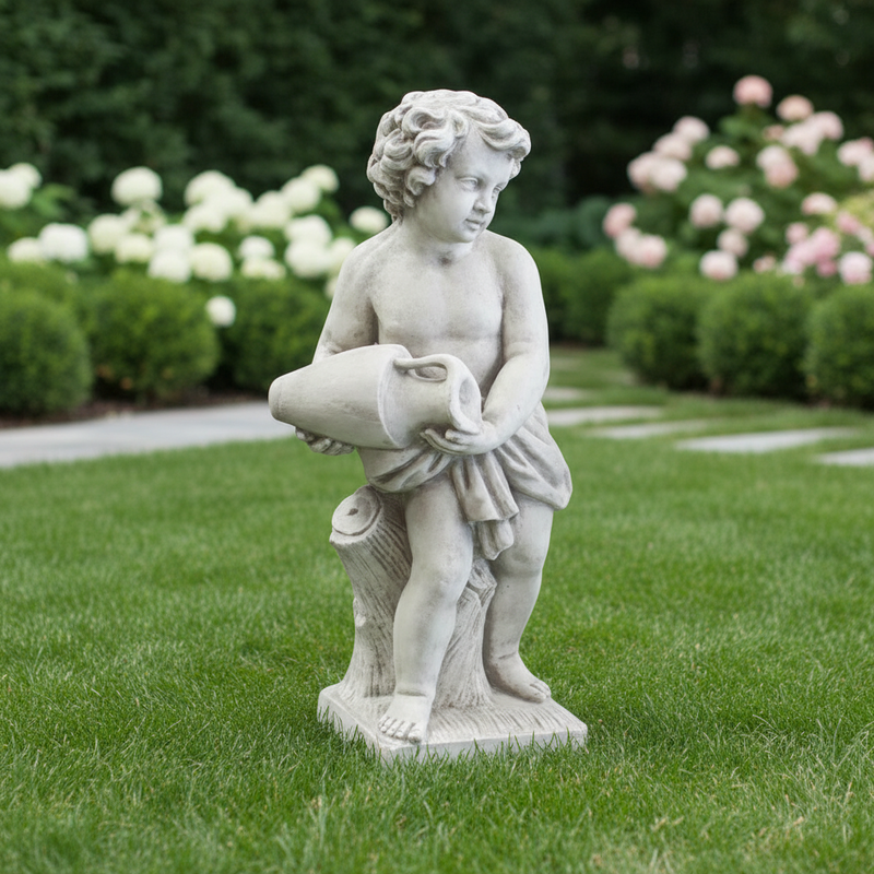 Cherub holding Jug on tree stump base Outdoor Statue (38-Inch)