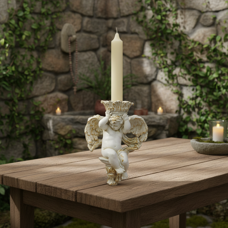 Winged Cherub Candle Holder Outdoor Statue (10-Inch)