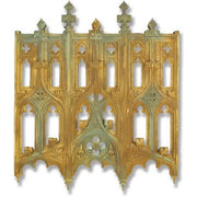 Gothic architectural panel with ornate tracery, pointed arches, quatrefoil details, and decorative finials in old world European style
