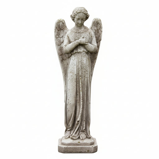 Standing angel with a serene expression and hands in Chest, featuring large wings with leaf/floral patterns on a rectangular base.