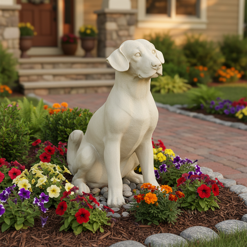 Sitting dog statue with classical European style, featuring smooth lines and subtle ornate detailing in a timeless pose. Side Angle