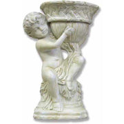 Winged cherub sitting and supporting a large, ornate fluted bowl featuring an intricate woven - pattern rim on a sturdy base. Outdoor Statue (68723L) (13 - Inch)