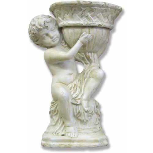 Winged cherub sitting and supporting a large, ornate fluted bowl featuring an intricate woven-pattern rim on a sturdy base.
