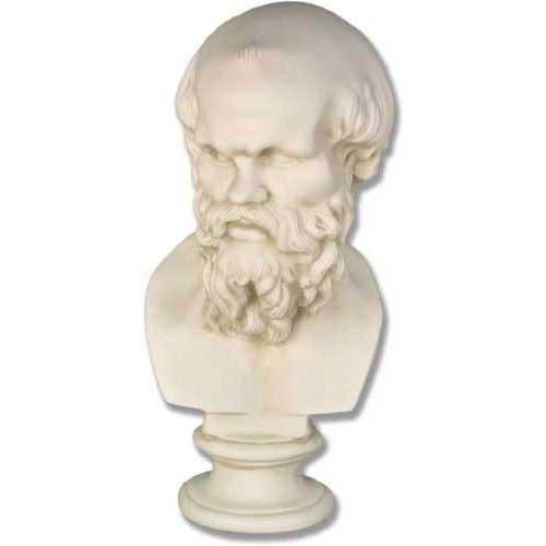 Classical Greek-style bust sculpture with detailed beard and hair, featuring an expressive, contemplative facial expression.
