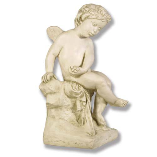 Seated cherub Statue with small wings holding a flower on a rock base.