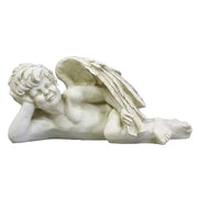Reclining cherub statue with detailed wings, classical facial features, and ornate old world European Baroque style.