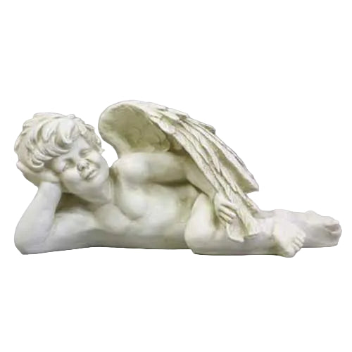Reclining cherub statue with detailed wings, classical facial features, and ornate old world European Baroque style.