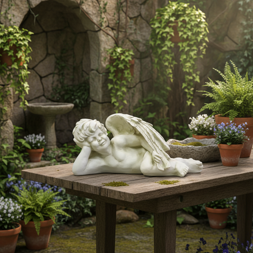 Reclining cherub statue with detailed wings, classical facial features, and ornate old world European Baroque style. Side Angle