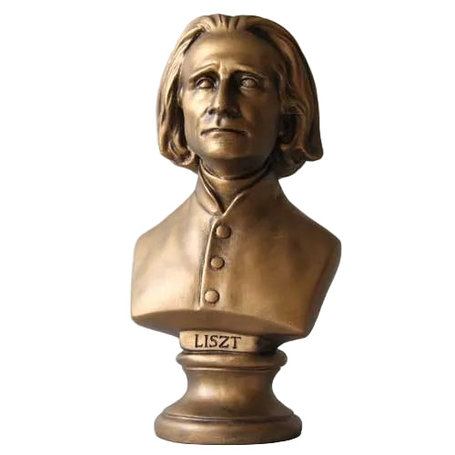Classical bust of a man with long hair and high-collared coat, featuring ornate old world European sculptural details and engraved base.