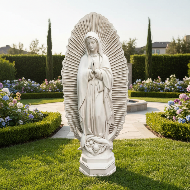 Virgin Mary statue in classical old world European style, ornate halo backdrop, hands in prayer, flowing robes, Renaissance influence Side Angle