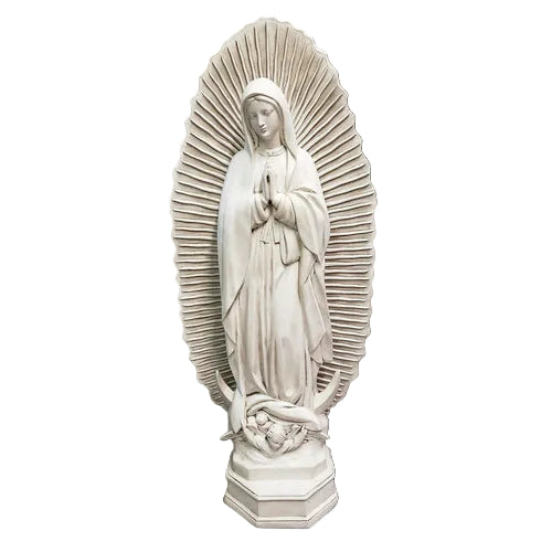 Virgin Mary statue in classical old world European style, ornate halo backdrop, hands in prayer, flowing robes, Renaissance influence
