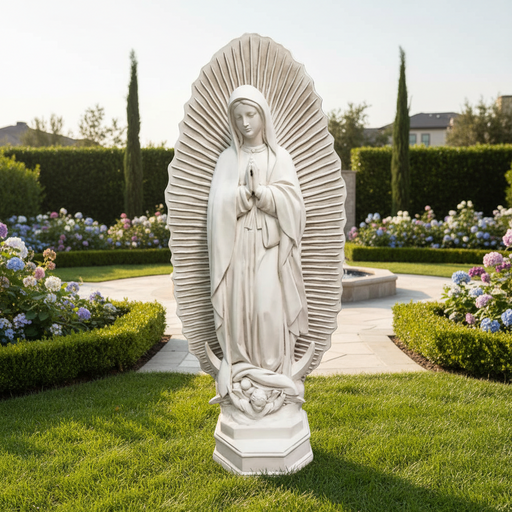 Virgin Mary statue in classical old world European style, ornate halo backdrop, hands in prayer, flowing robes, Renaissance influence Side Angle