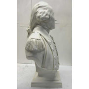 Classical old world European bust of a man in ornate military attire with ruffled cravat and detailed epaulets on shoulders. Side View