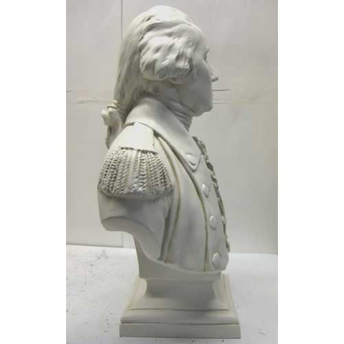 Classical old world European bust of a man in ornate military attire with ruffled cravat and detailed epaulets on shoulders. Side View