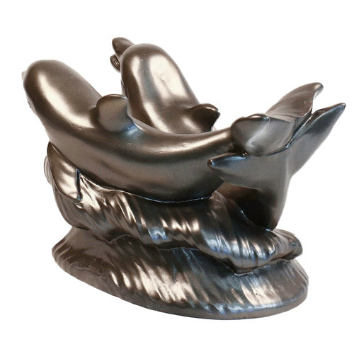 Two ornate dolphins leaping over stylized waves in a classical old world European sculptural design. Different Angle