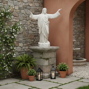 Jesus statue with outstretched arms in classical Renaissance style, featuring ornate drapery and detailed facial expression. Side Angle