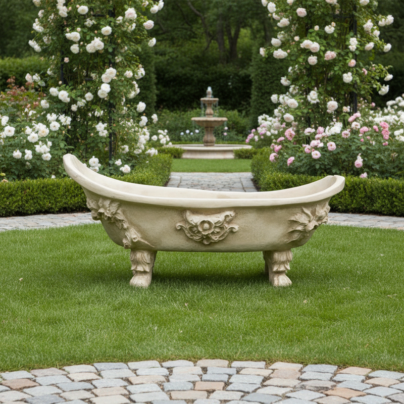 Ornate old world European clawfoot bathtub with classical Baroque floral reliefs and sculpted lion paw feet. Side Angle