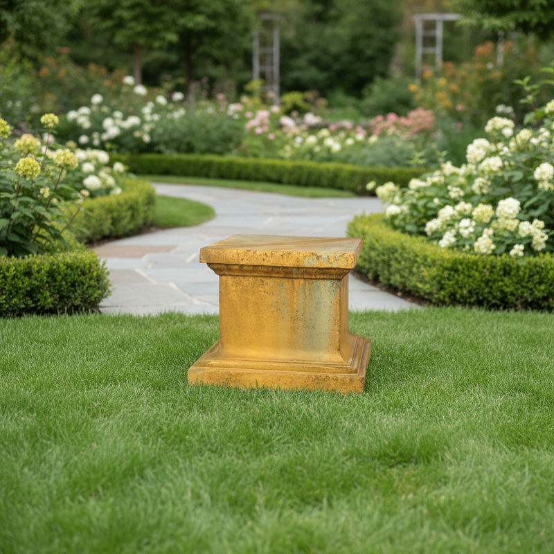 Square pedestal with classical Greek architectural style, featuring ornate, old world European detailing and a stepped base. Side Angle