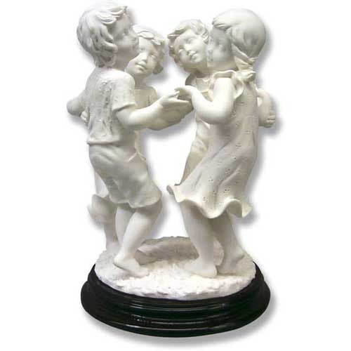 Children holding hands in a circle, ornate old world European style sculpture with classical and Renaissance detailing.