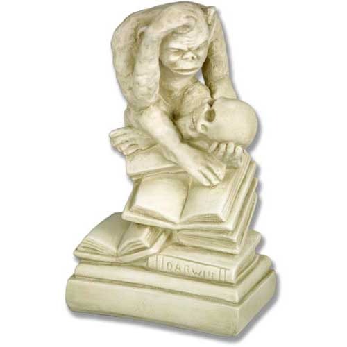 Monkey statue in old world European style, seated on stacked books, holding a skull in a contemplative, classical pose.