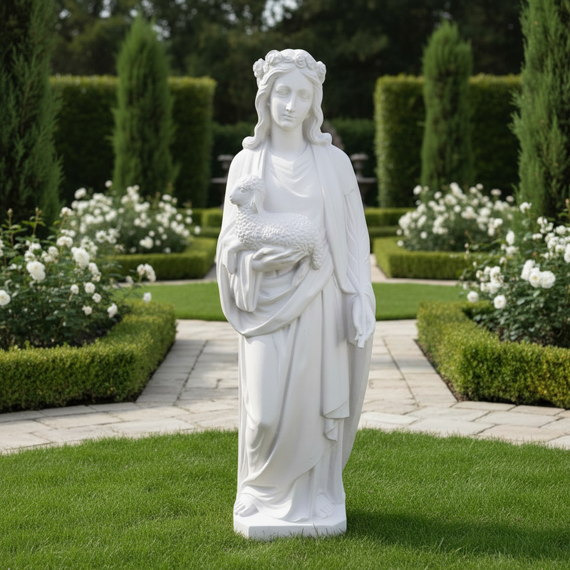 Classical Renaissance-style female statue holding a lamb, featuring ornate drapery and serene facial expression. Side View
