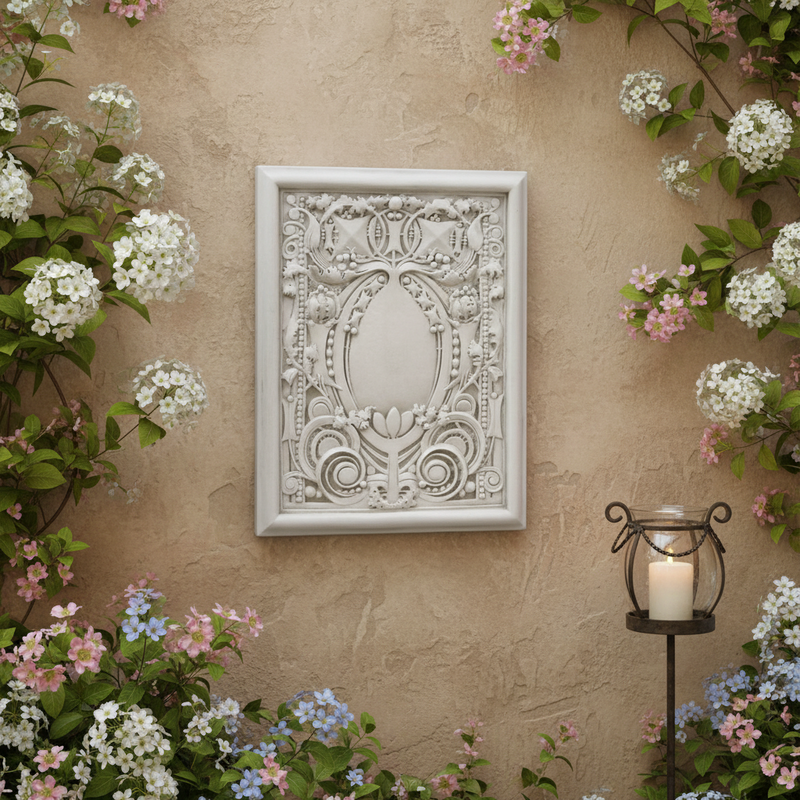 Ornate rectangular wall plaque with classical Baroque detailing, featuring intricate scrollwork and symmetrical floral motifs. Side Angle