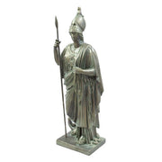 Classical Greek warrior goddess statue in ornate armor and helmet, holding a spear, featuring detailed drapery and intricate embellishments.