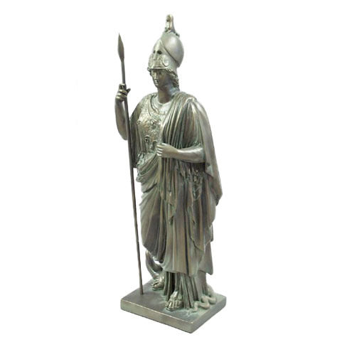 Classical Greek warrior goddess statue in ornate armor and helmet, holding a spear, featuring detailed drapery and intricate embellishments.