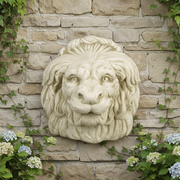 Lion head wall sculpture with expressive eyes and flowing mane, featuring ornate, classical old world European and Renaissance detailing Side Angle