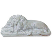 Lying lion statue with flowing mane, classical old world European style, detailed and ornate sculptural design.
