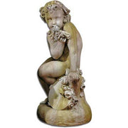 Sitting Winged Cherub With Horn Outdoor Statue (34 - Inch)