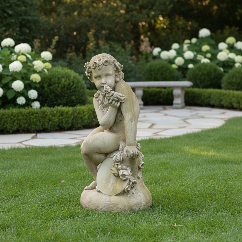 Sitting Winged Cherub With Horn Outdoor Statue (34 - Inch) Side View
