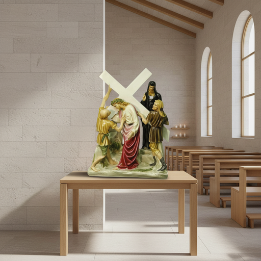 Jesus carrying the cross, surrounded by three figures in ornate, old world European style with classical and medieval details. Side Angle