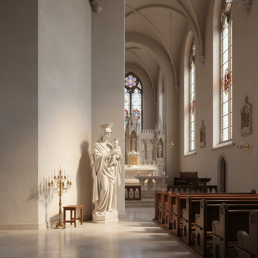 Madonna and Child statue in classical Renaissance style with ornate crowns and flowing drapery, evoking old world European elegance. Side Angle