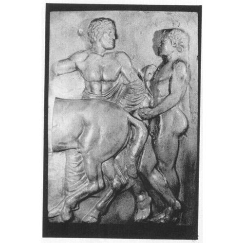 Classical Greek relief sculpture depicting two male figures, one mounted on a horse, with detailed, realistic anatomical features.