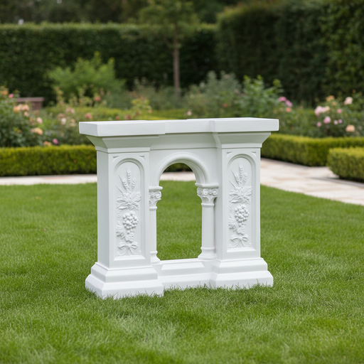 Classical console table with ornate floral reliefs, arched center opening, and column details in old world European style Side Angle