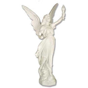 Standing angel with a serene expression holding a torch aloft, featuring detailed feathered wings.