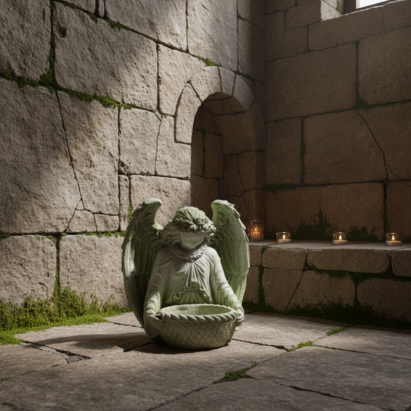 Winged Angel with Bowl Outdoor Statue (15 - Inch) Side Angle