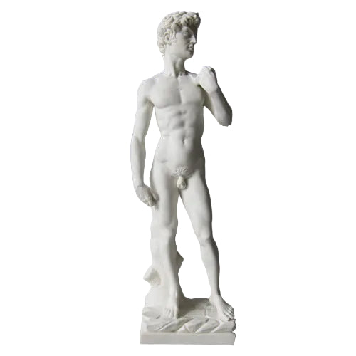 Classical Renaissance male statue with detailed anatomy, standing in contrapposto pose, inspired by old world European sculpture.