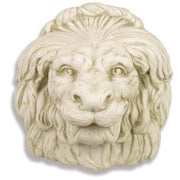Lion head wall sculpture with expressive eyes and flowing mane, featuring ornate, classical old world European and Renaissance detailing