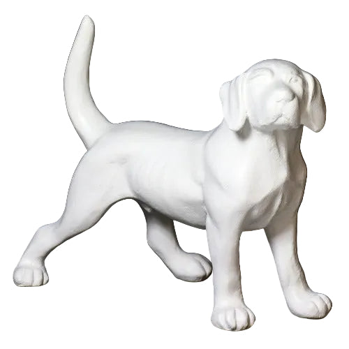Dog statue with raised tail, classical European style, featuring smooth lines and subtle ornate detailing, reminiscent of Renaissance art.