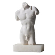Classical Greek male torso sculpture with missing head and limbs, featuring detailed musculature and ornate carved base.