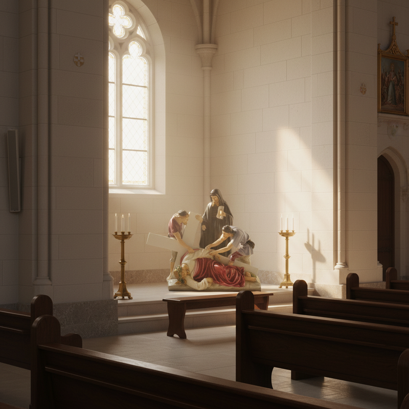 Baroque-style depiction of Christ fallen under the cross, assisted by two figures, with a sorrowful robed woman standing behind. Side View