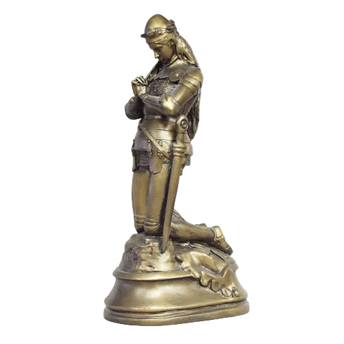 Kneeling medieval knight in ornate armor, hands clasped in prayer, classical old world European style with Gothic detailing.