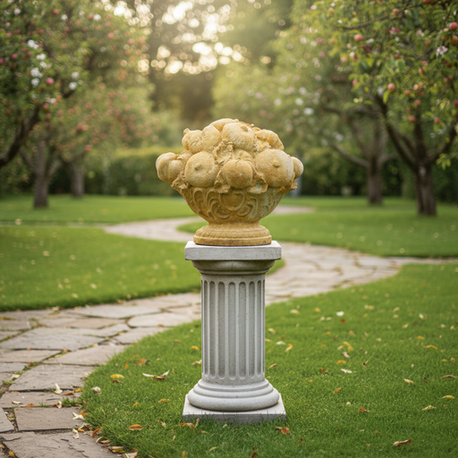 Ornate classical fruit basket sculpture with Baroque detailing and old world European style, featuring intricately carved fruits. Side Angle